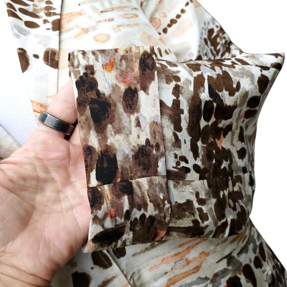 Chico's Sz 1 Brown Orange White Silk Jacket Geometric Hidden Closure Chicos M 8 - Picture 6 of 16